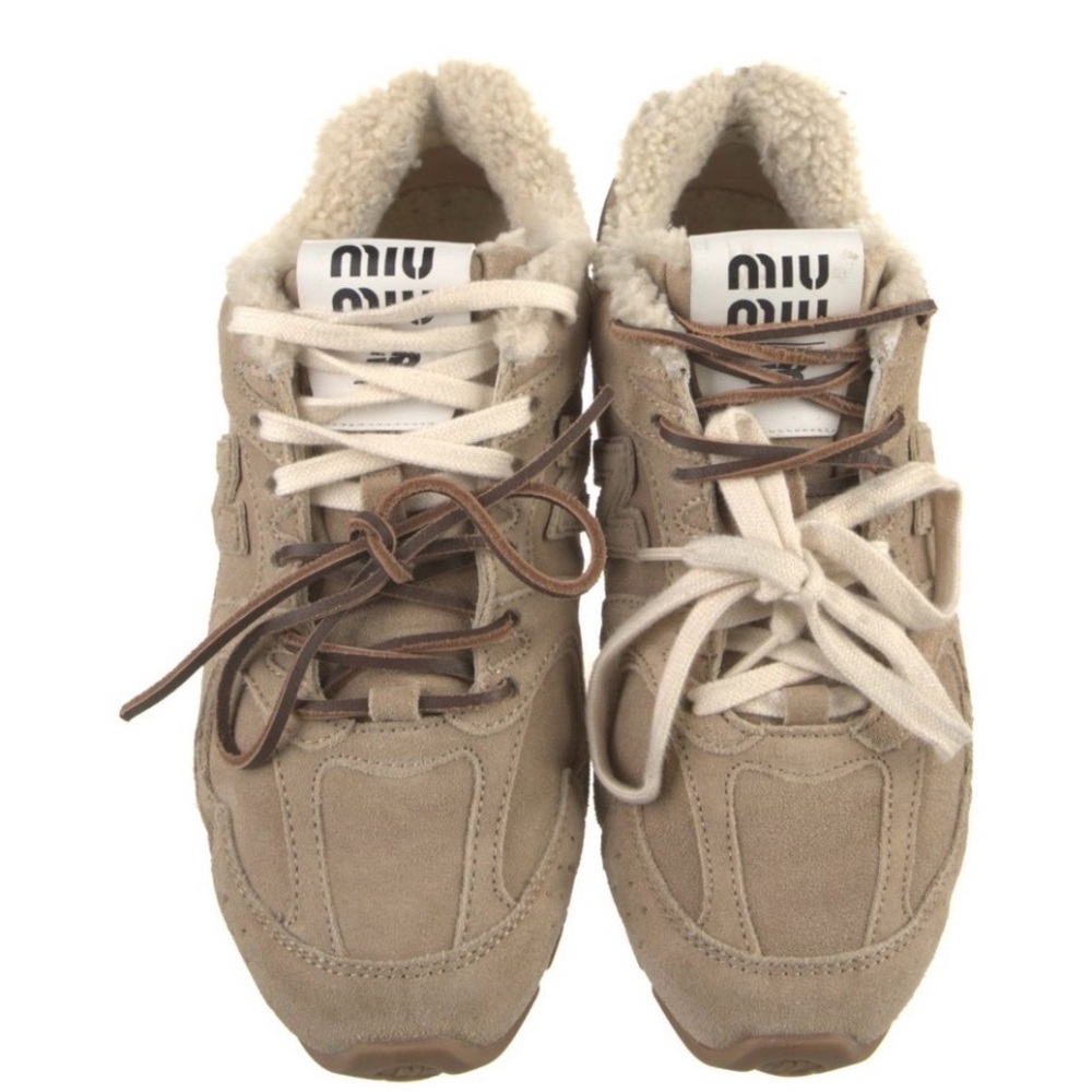 Miu Miu  Fur Beige Sneakers with Green and White  Brown Laces Authentic Sz 37 - Picture 10 of 11